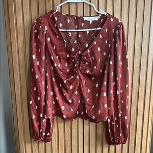Astr the Label Brown Sill Polka Dot Blouse